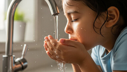 A child drinks clean water from a faucet
