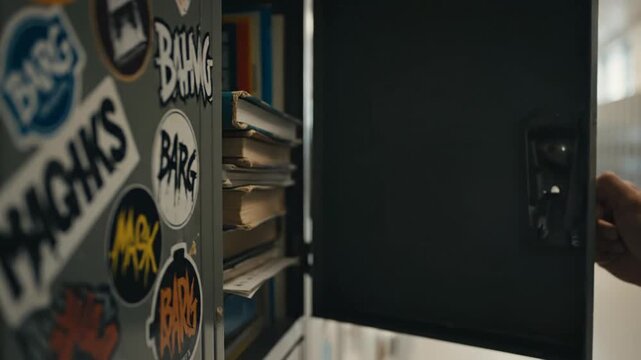 Student Hand Opening Decorated School Locker in Hallway