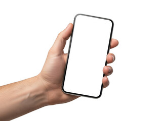 Hand holding smartphone isolated on transparent background