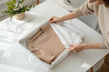 woman unbox sweater shirt from box. Buy winter clothing
