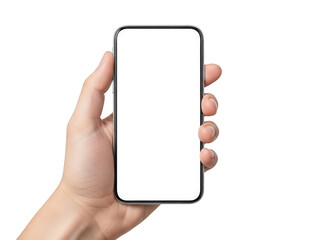 Hand holding smartphone isolated on transparent background