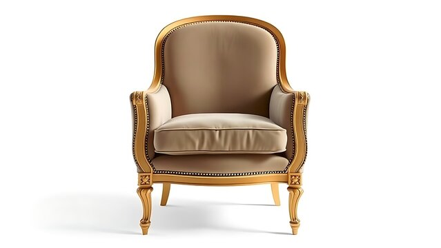 fauteuil. An elegant curved armchair with gold accents on a pure white background. real-estate listings, architecture portfolios, designed for architectural facade and classical detail presentations.