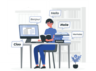 Woman working on computer with translation software and language books dictionary des © Shagor