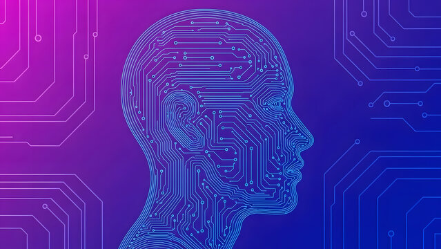 Artificial intelligence head with circuit board patterns, representing technology and the digital mind - Powered by Adobe
