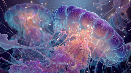 Vibrant jellyfish swim in colorful ocean depths with glowing tentacles