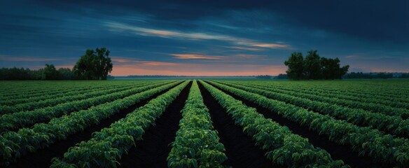 The countryside horizon evokes peace and hope among endless rows of cultivated crops.