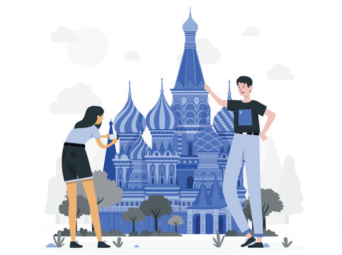 Young tourists taking of St Basil's Cathedral Moscow travel smartphone d - Powered by Adobe