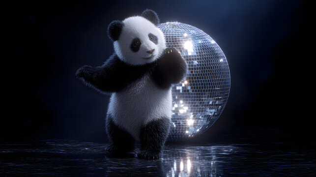 Panda Dancing under the Disco Ball: A whimsical panda enjoys the night with a fun pose and charming style with background of the classic disco ball.