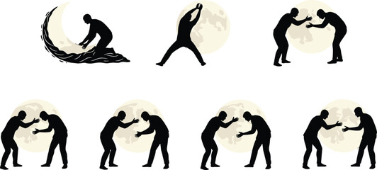 Fototapeta premium Silhouette figures performing ritualistic poses in front of moon, symbolizing movement, interaction, dance, martial arts, and celestial harmony