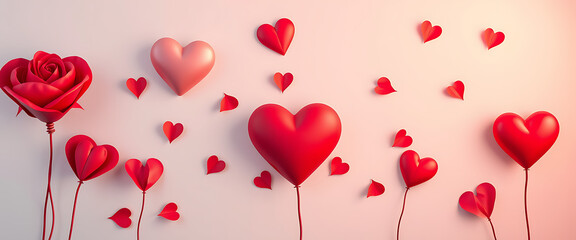 Red heart balloons floating with scattered heart shapes and rose on soft pastel pink background symbolizing love romance valentine celebration and affection