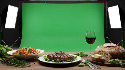 Still life of a table set with a salad, steak, bread, and a glass of red wine against a green screen background in a studio setting with soft lighting.
