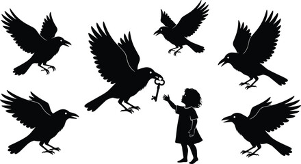 Obraz premium Silhouette of child reaching for key held by crow, surrounded by birds, symbolizing mystery, guidance, and emotional discovery
