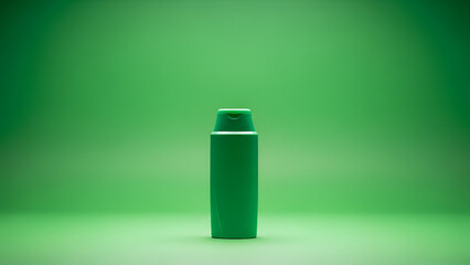 A green cylindrical container with a screw-on cap stands alone on a green gradient background with soft lighting.