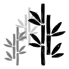 Black bamboo stalks with leaves isolated on white background