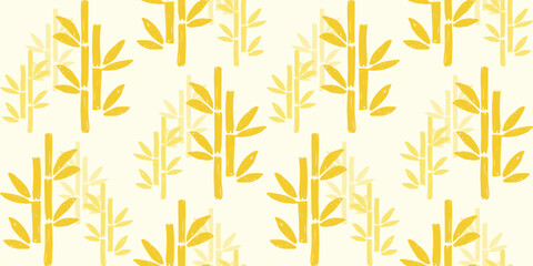 Golden Yellow bamboo and leaf seamless pattern on cream background