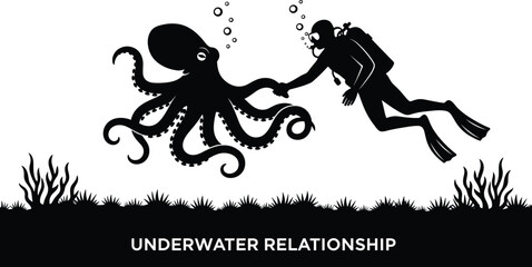 Silhouette of scuba diver shaking hands with octopus underwater, symbolizing marine harmony, friendship, and peaceful interspecies connection © Md