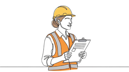 Female Engineer Inspecting Construction Site with Clipboard and Hard Hat