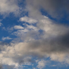 Calm blue sky with clouds of different shapes, background image