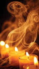 Candles burning, producing abstract, warm, golden smoke flowing upwards
