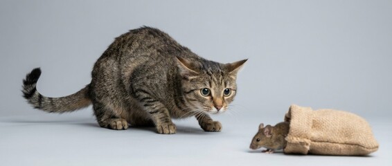 mouser cat intently watches a small mouse poised to pounce studio shot with sharp focus and clean background highlighting feline hunting instincts and natural alertness