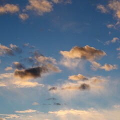 Calm blue sky with clouds of different shapes, background image