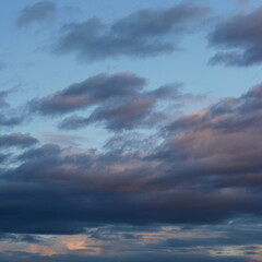 Calm blue sky with clouds of different shapes, background image