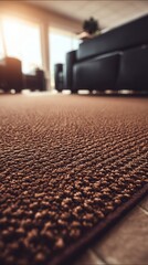 Brown textured carpet covering floor, creating inviting and comfortable residential interior background