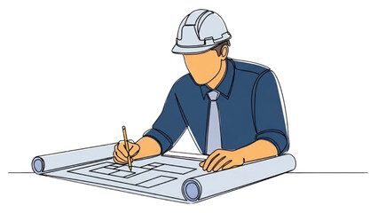 An architect reviewing building plans on a large blueprint while wearing a hardhat
