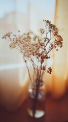 Dried gypsophila flowers in a glass vase with warm background bokeh