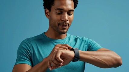 Athletic young man smiling while checking his smartwatch. Happy person using a fitness tracker to monitor health and progress. Wearable technology concept on a blue background - Powered by Adobe