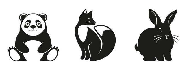 Set modern vector animal isolated transparent background. Bamboo bear fox and black bunny in modern cut stylish. Perfect child t-shirt print design. EPS 10