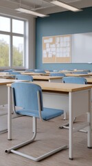 Classroom with desks and chairs, a quiet space for schooling
