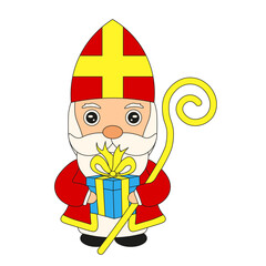 Sinterklaas vector character with gift box isolated transparent background. Winter holiday character. Saint Nickolas template design. Editable stroke. EPS 10