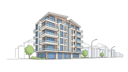 Modern apartment building with blue windows and balconies in urban setting