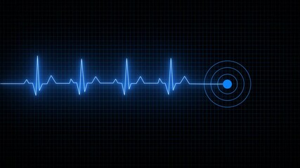 Abstract heartbeat and pulse rate signal technology animation on grid background. Heart beat pulse. Glowing neon blue heart cardiogram line on dark background. Electrocardiogram show heart beat line.