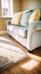 Sofa with decorative pillows and rug in a sunny home interior