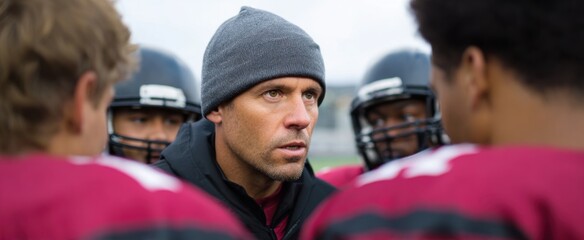 football coach ignites players like fireworks in a vibrant pre-game huddle