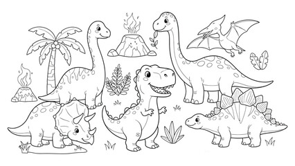 Cute Cartoon Dinosaurs Coloring Page for Kids, Prehistoric Animals Illustration  © Uttpol Saha