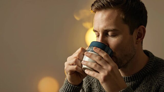Young man drinking hot coffee from a mug in a cozy home. Person wearing a knitted sweater sipping tea with steam rising against a background of warm bokeh lights. Winter lifestyle and comfort concept