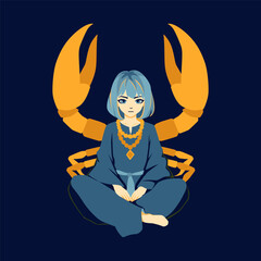 A girl in the lotus position with a crab's claws behind her back. Cancer zodiac sign. Vector illustration.