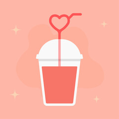 Valentine heart straw drink illustration. Plastic cup with lid and simple beverage. Straw curves into heart shape. Clean flat drink form. Warm festive refreshment theme.