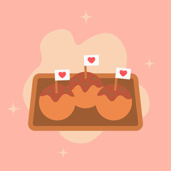 Valentine takoyaki tray illustration. Flat tray holding three round balls. Tiny toothpick heart flags on top. Smooth flat food shapes. Warm playful street food theme.