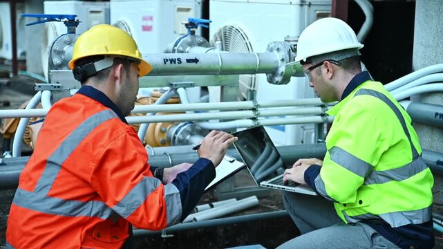 A specialist engineer and an inspector are working together to check the high-pressure water pump system of a factory.
