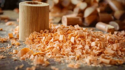 Obraz premium Detailed Close-Up of Wood Shavings and a Wooden Cylinder on a Workbench