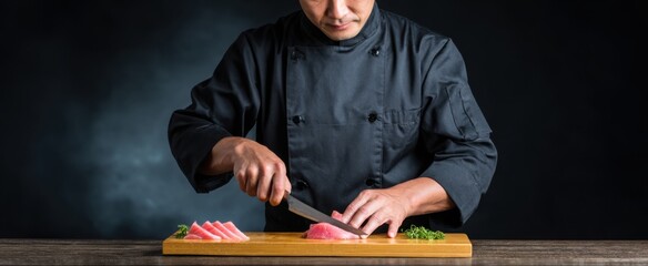 The sushi chef dances with a blade crafting delicious fish art for sushi preparation.