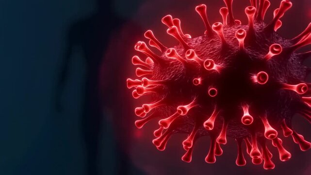 Closeup of glowing red virus particles with human silhouette in background