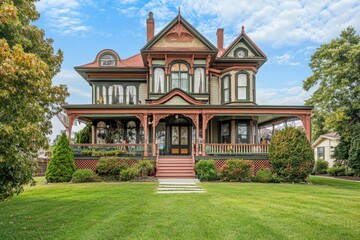 Large Victorian style vacation home with ornate woodwork, multiple chimneys, and wraparound porch surrounded by green lawn and trees under partly cloudy sky