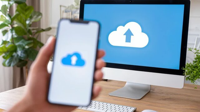 A hand holds a smartphone displaying a cloud upload icon in front of a computer screen with the same icon.