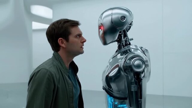 Human and robot faceoff in futuristic lab reflects ai advancements and interaction dynamics