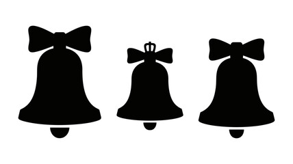 A set of three black silhouette icons showing festive bells with bows